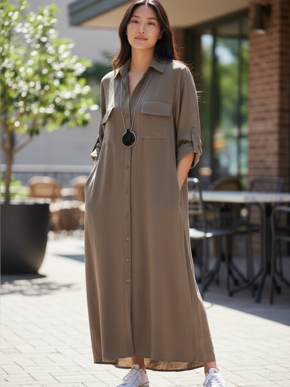 Max studio, light weight maxi shirt dress Taupe Button-Front